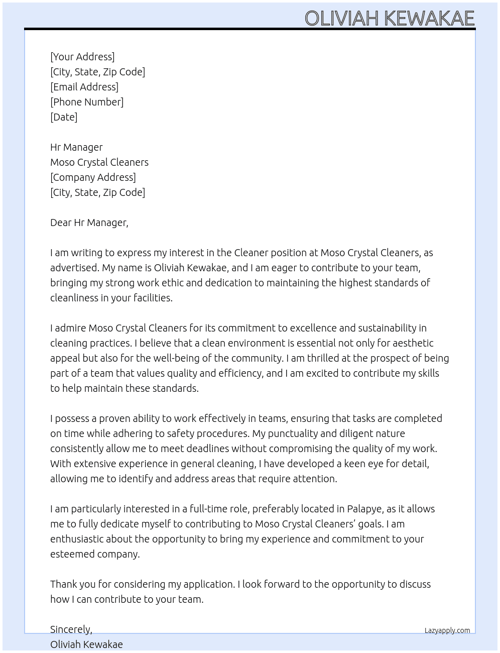 Cleaner At Moso Crystal Cleaners Cover Letter