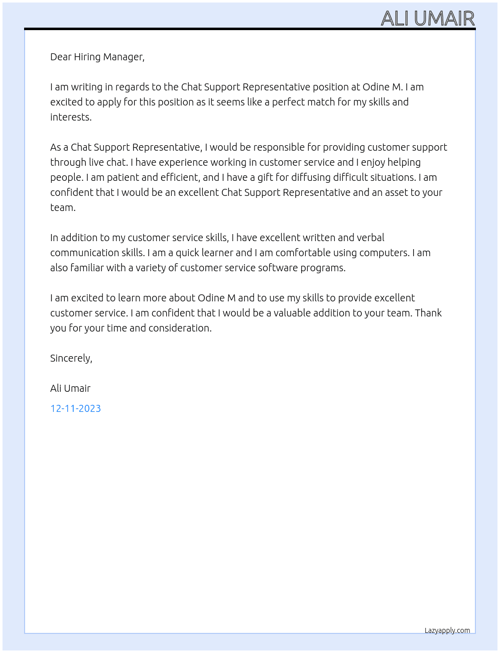 Chat Support Representative At Odine M Cover Letter