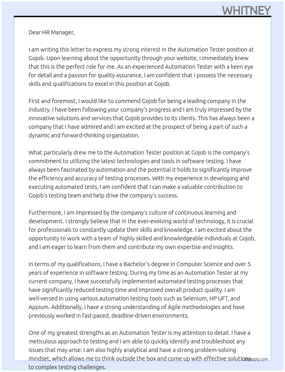 Automation Tester  At Gojob Cover Letter