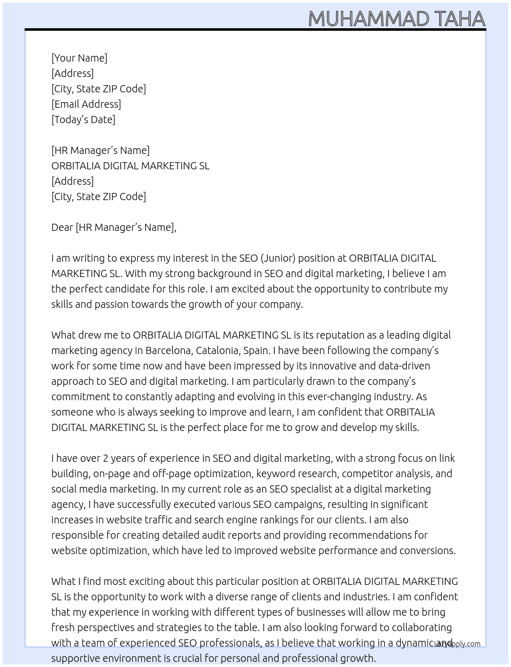 SEO (Junior) At ORBITALIA DIGITAL MARKETING SL Cover Letter