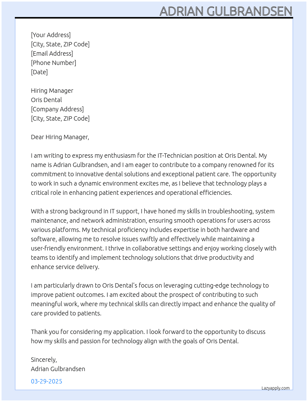 IT-tekniker At Oris Dental Cover Letter