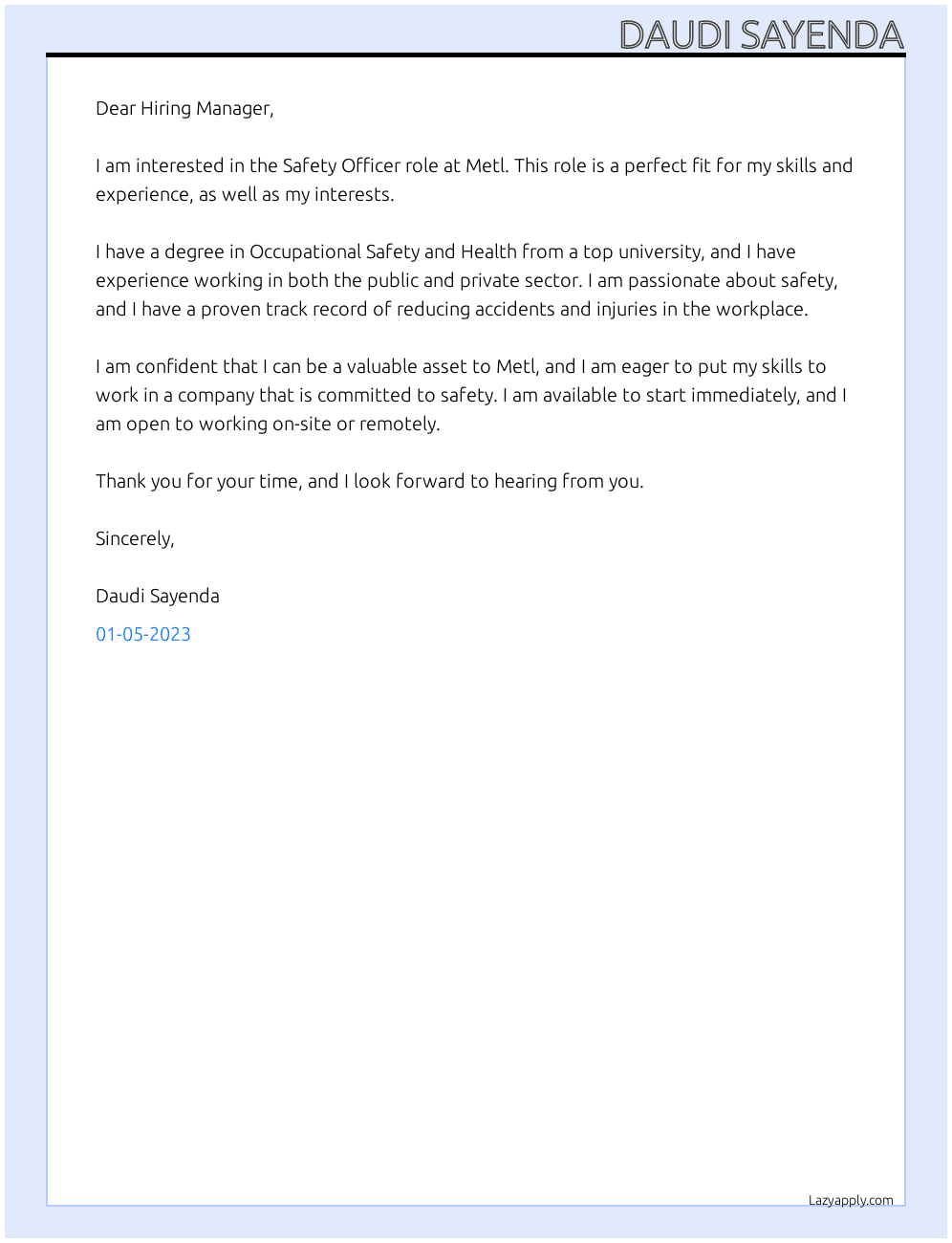 Safety Officer  At Metl Cover Letter