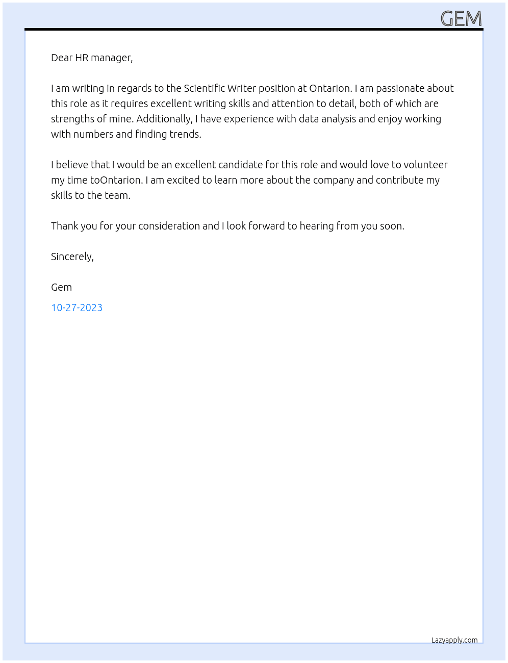 Scientific Writer At Ontarion Cover Letter