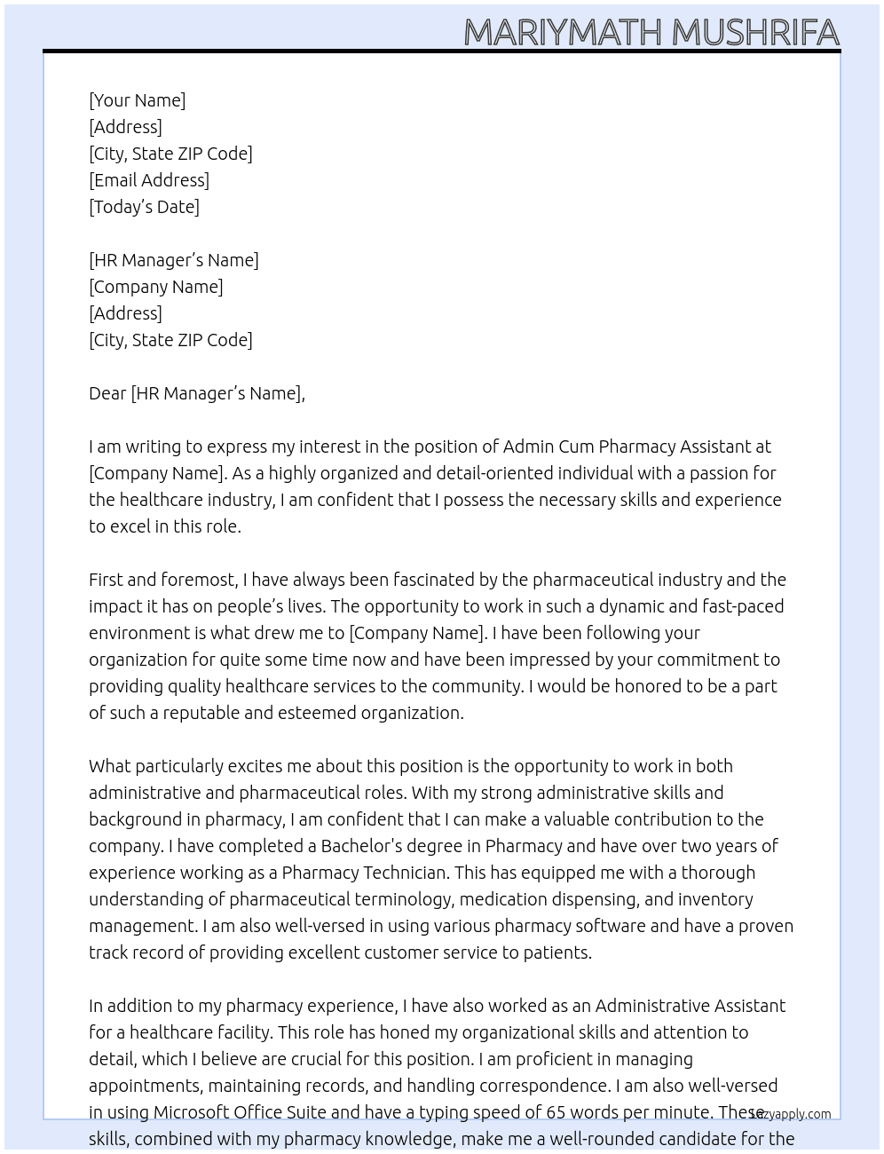 Cover letter for admin cum pharmacy assistant - LazyApply