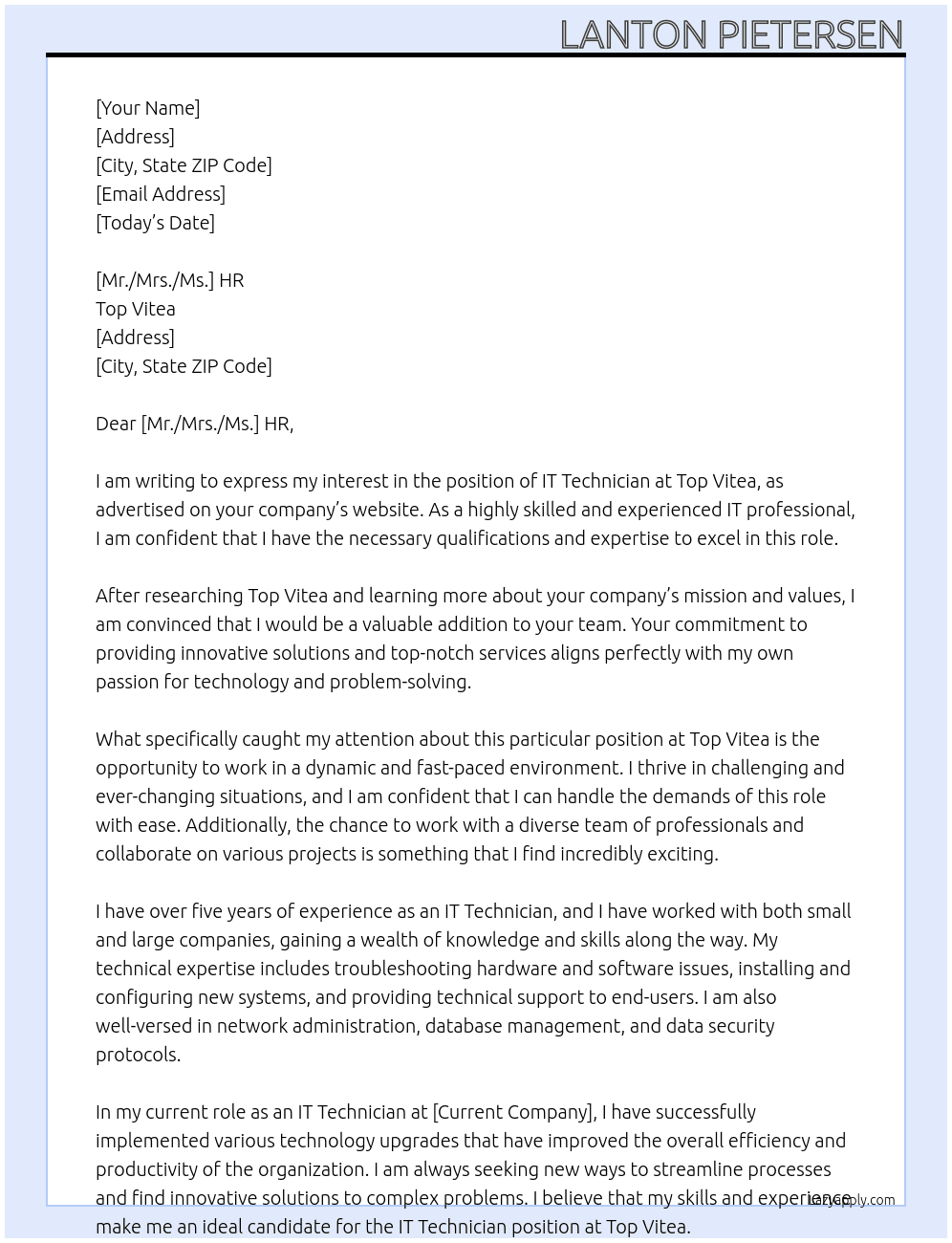 IT Technician At Top Vitea Cover Letter