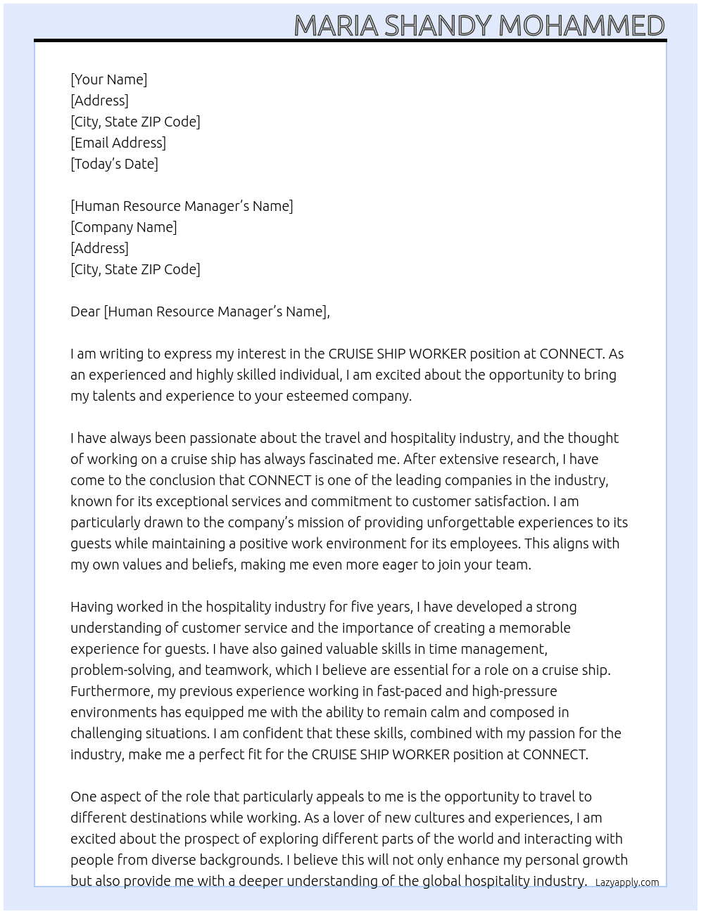 CRUISE SHIP WORKER At CONNECT  Cover Letter