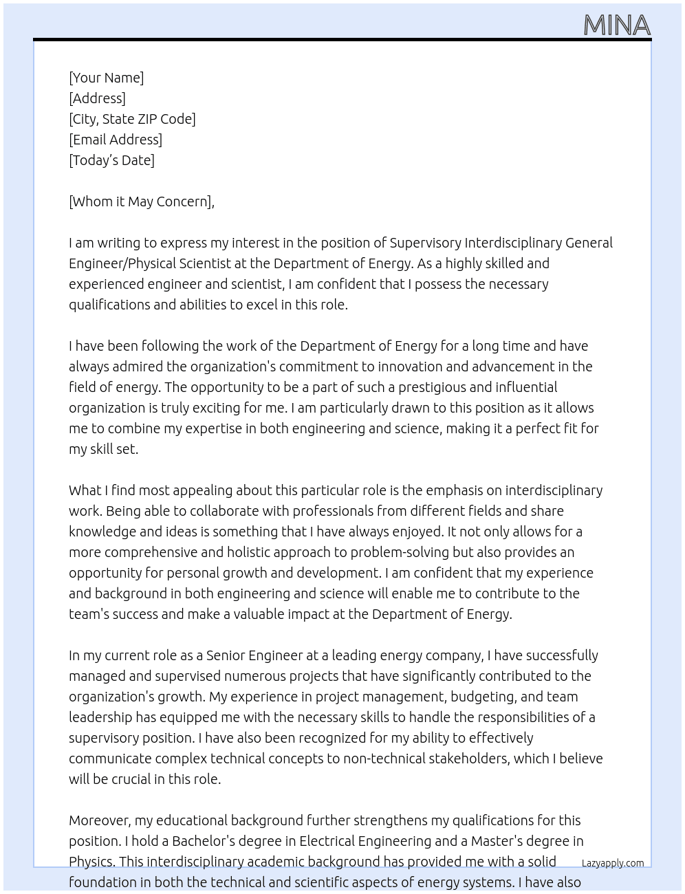 Supervisory Interdisciplinary General Engineer/Physical Scientist At Department of Energy Cover Letter