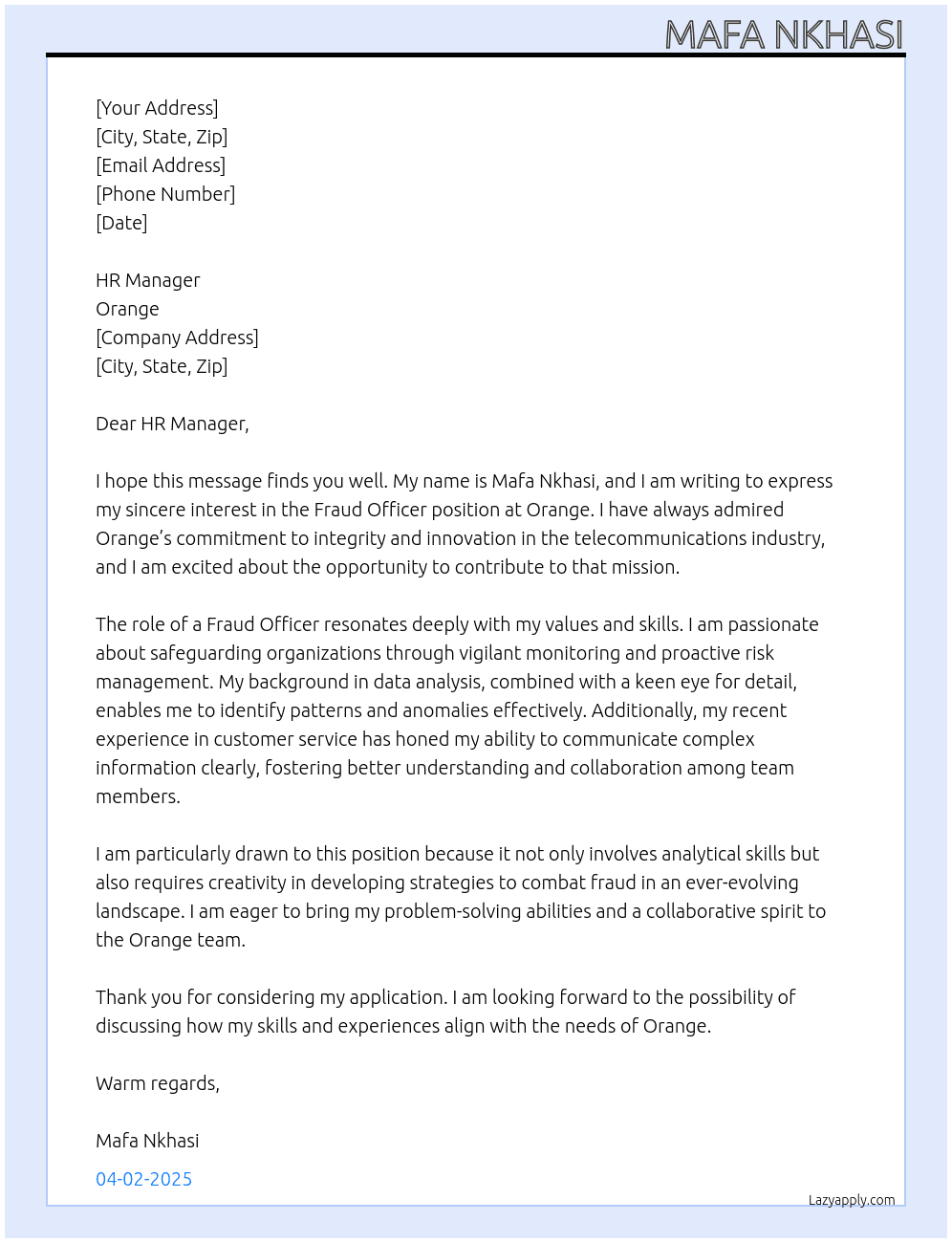Fraud Officer At Orange Cover Letter