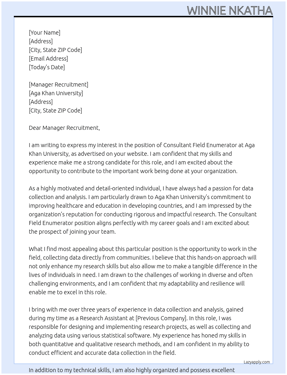 Consultant field enumerator At Aga Khan University  Cover Letter