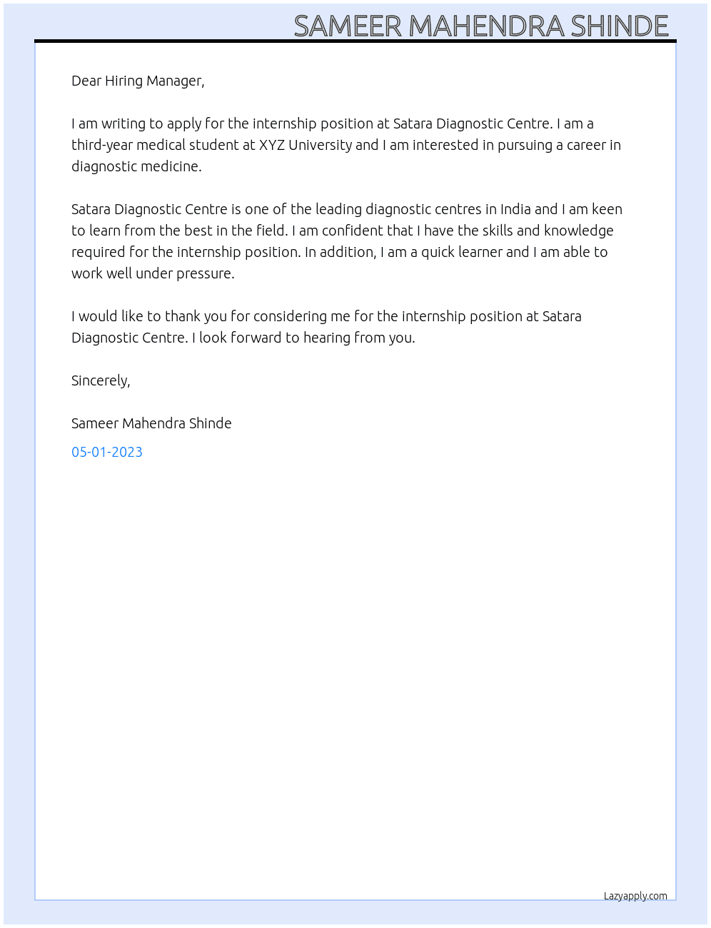Internship for diagnostic centre  At Satara Diagnostic centre  Cover Letter
