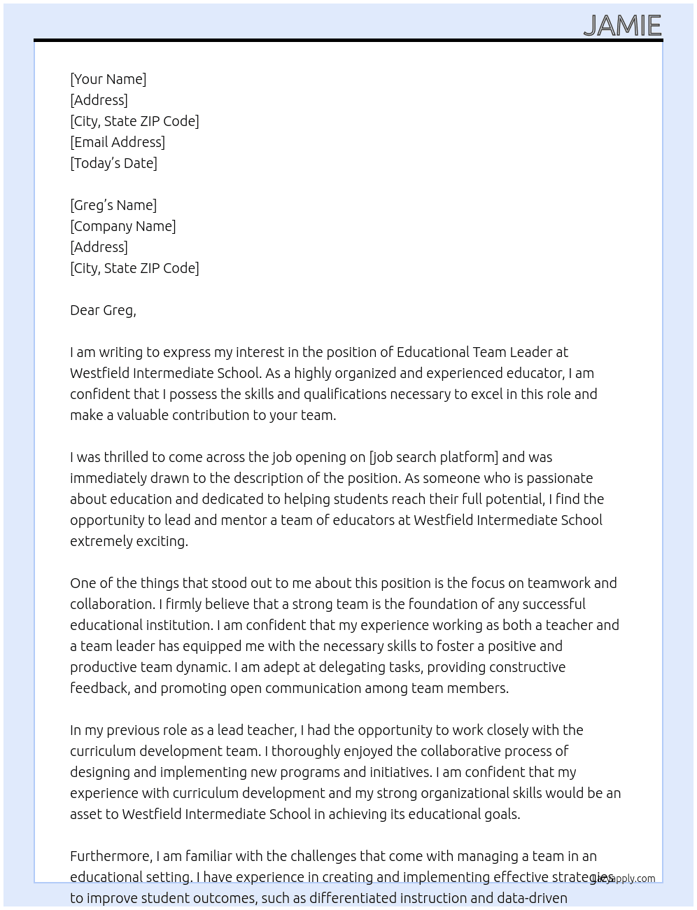 Educational team leader At Westfield intermediate achool Cover Letter