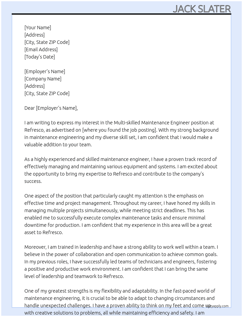 Multi-skilled Maintenance Engineer At Refresco Cover Letter