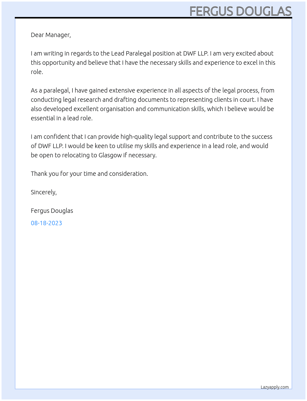 Lead Paralegal At DWF LLP Cover Letter