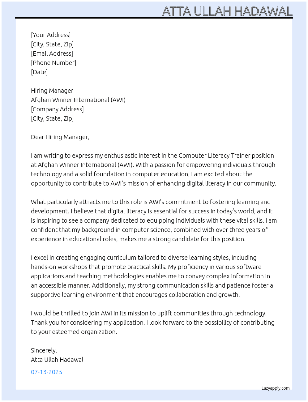 Cover letter for computer literacy trainer - LazyApply