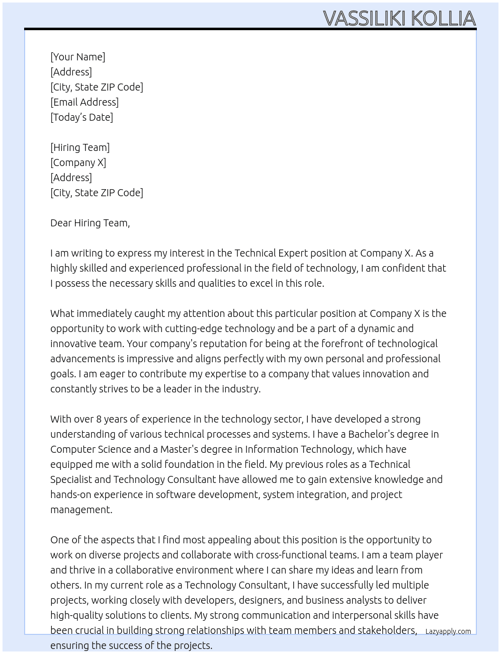 Technical Expert At Company X Cover Letter