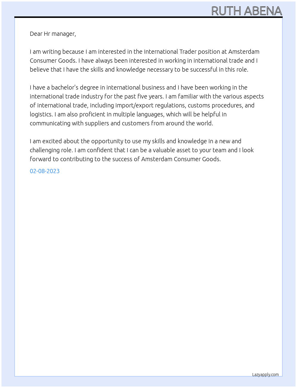International Trader  At Amsterdam Consumer Goods Cover Letter