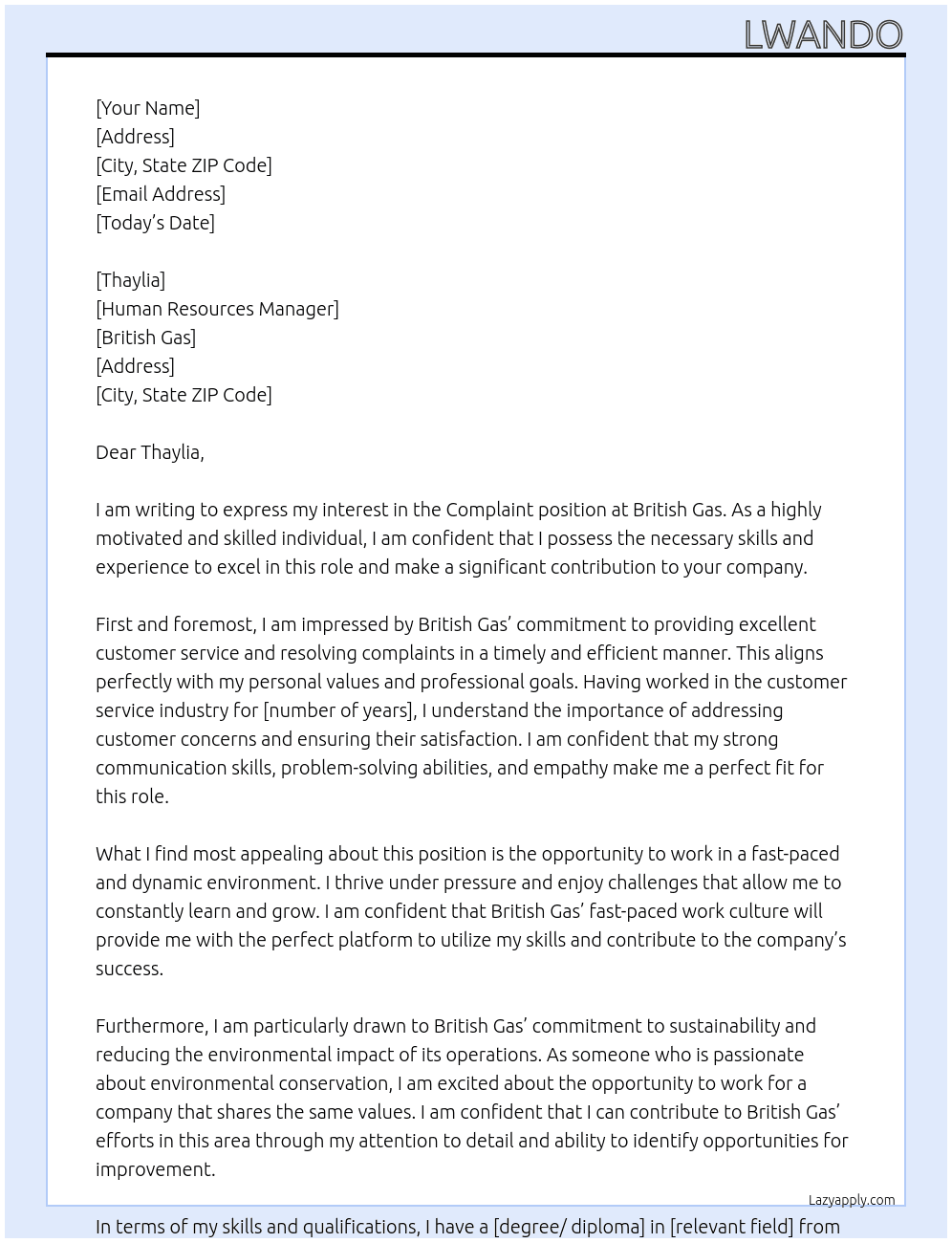 complaint  At British Gas  Cover Letter