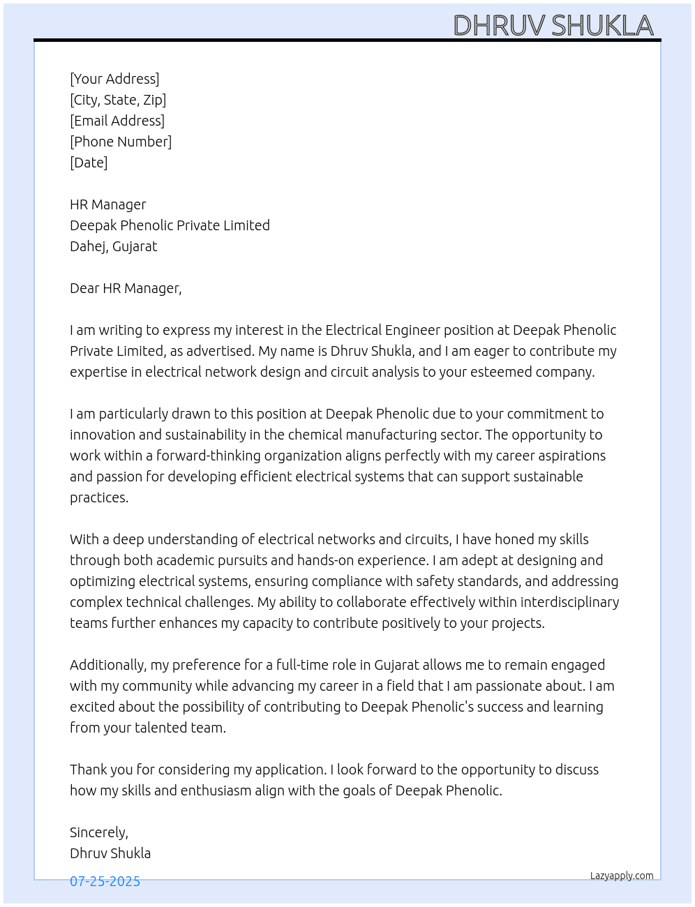 Electrical Engineer  At Deepak phenolic private limited,dahej Gujarat  Cover Letter