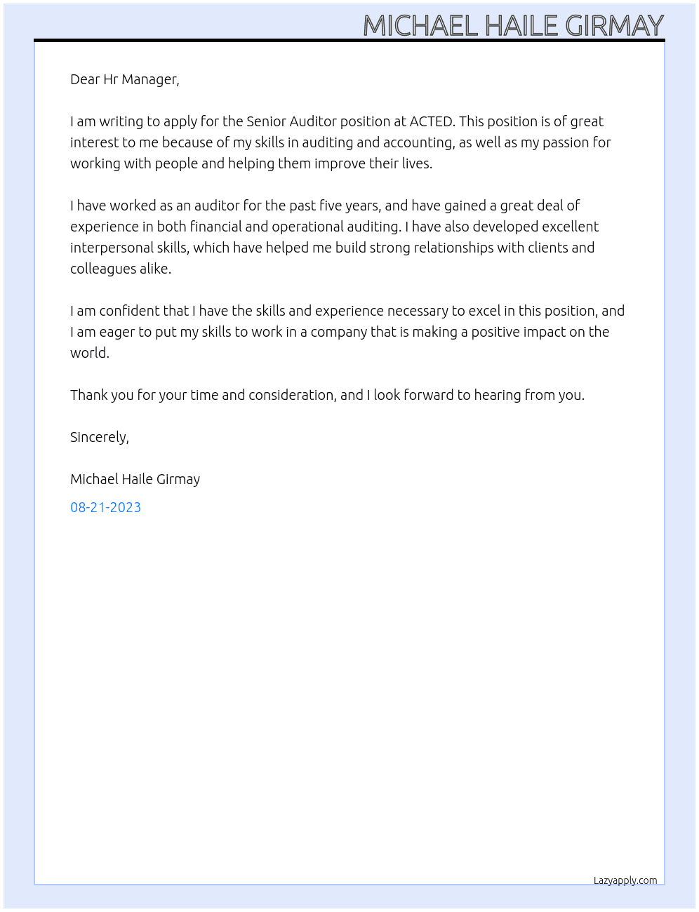 Senior Auditor At ACTED Cover Letter