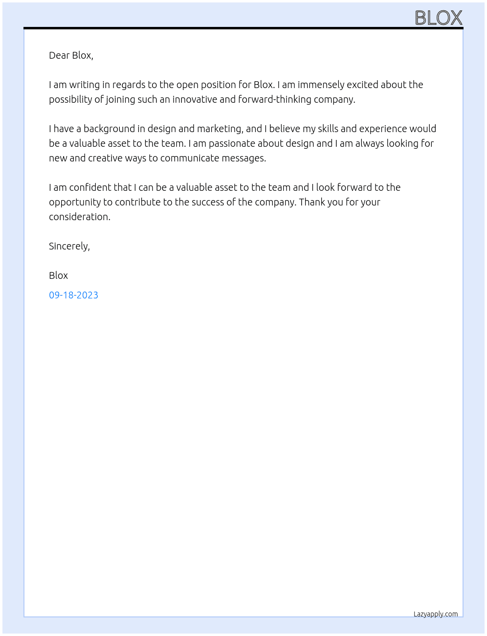 Blox At Blox Cover Letter
