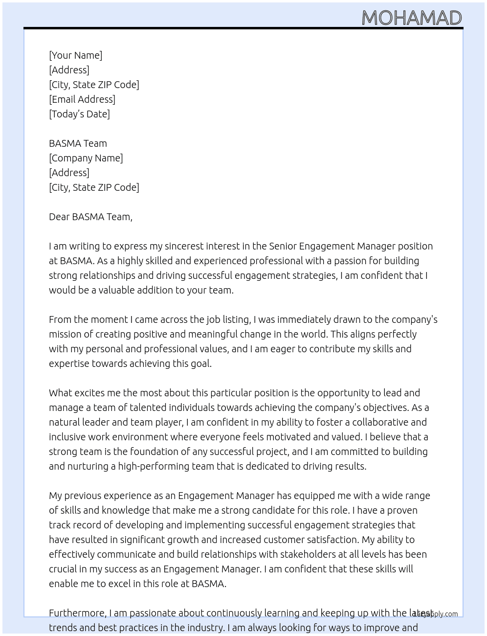Senior Engagement Manager At BASMA Cover Letter