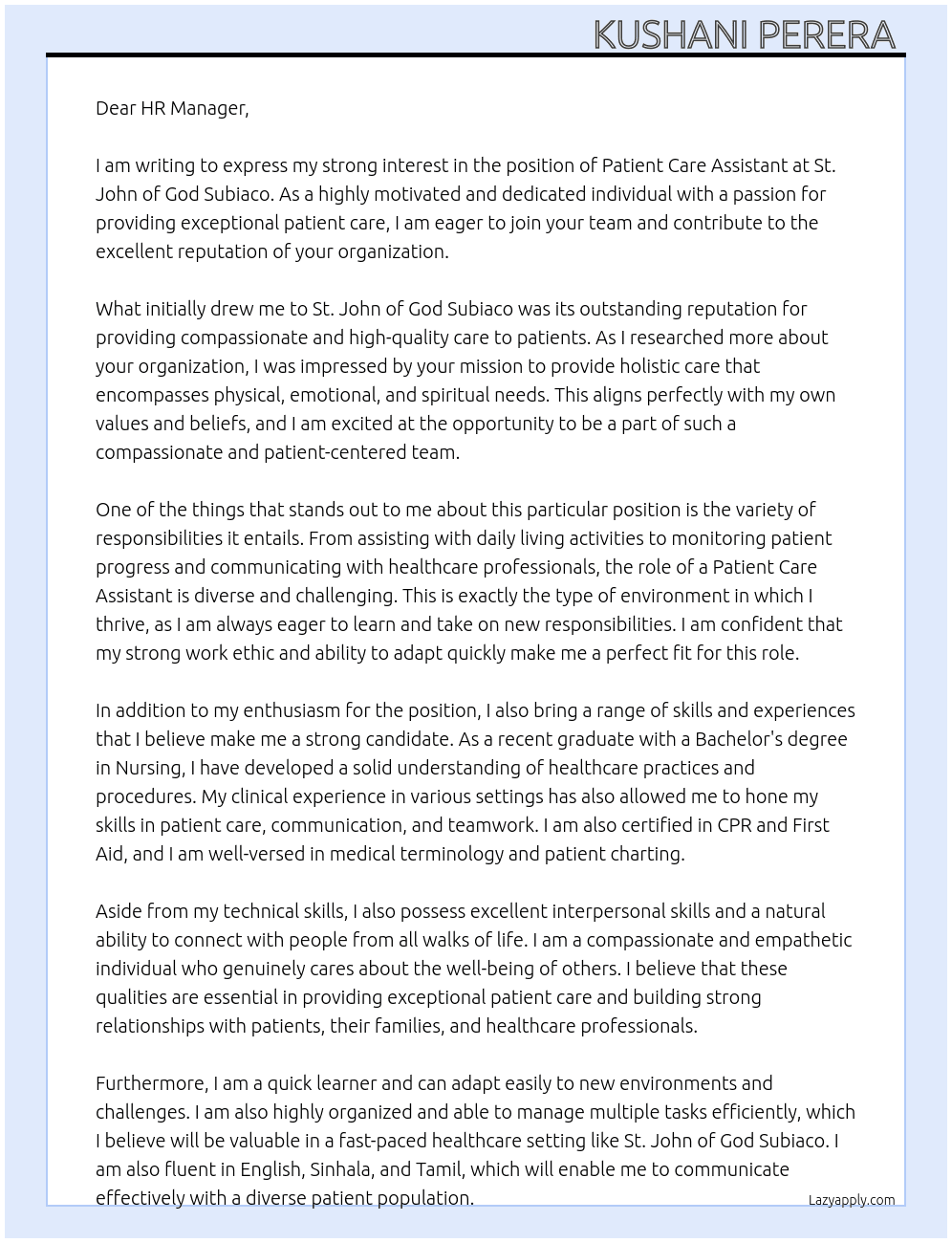 Patient care assistant  At St. John of God Subiaco  Cover Letter