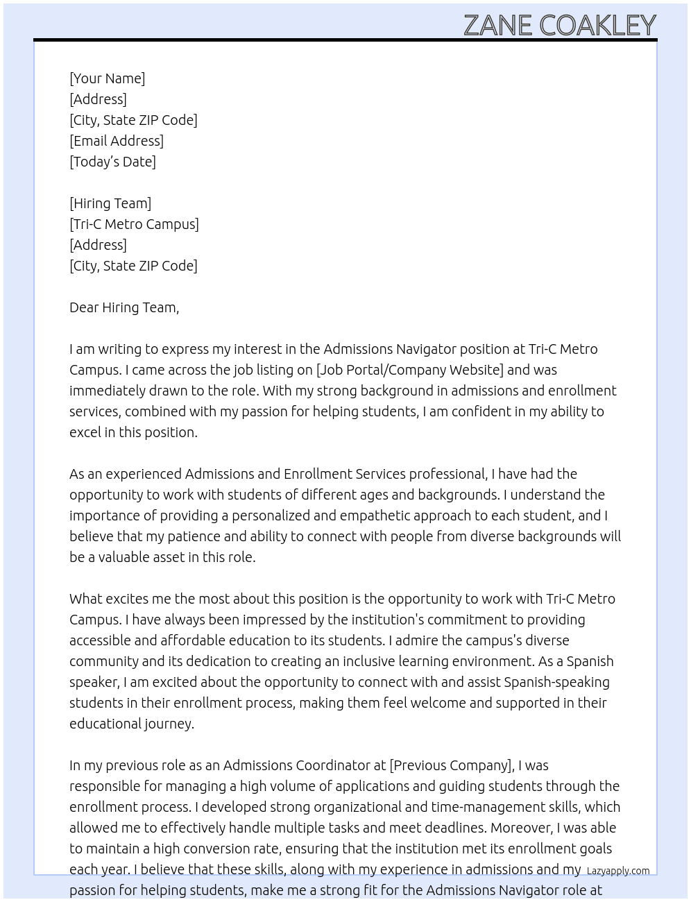Admissions Navigator At Tri-C Metro Campus Cover Letter