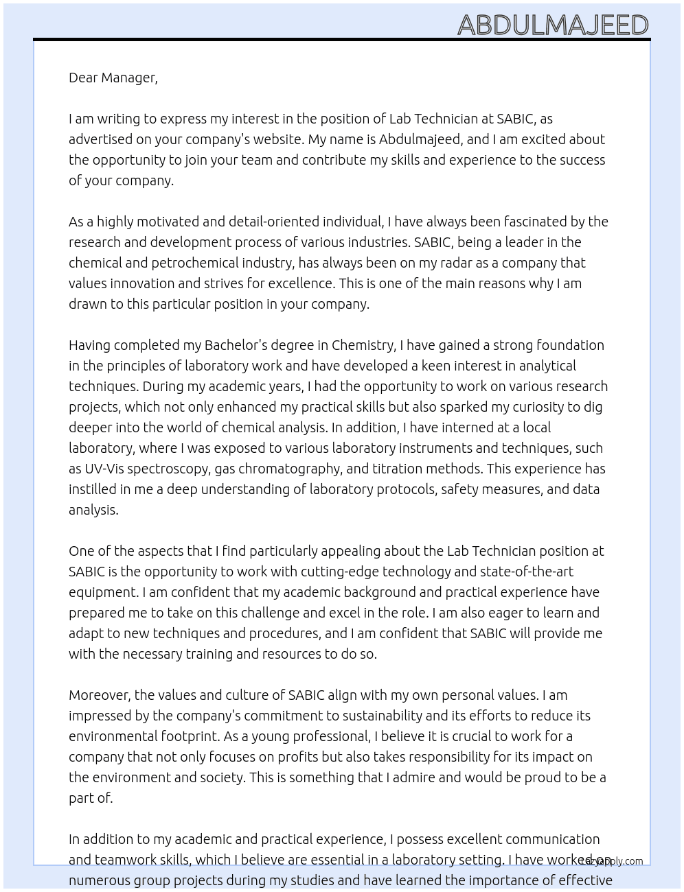 Lab Technician  At SABIC Cover Letter