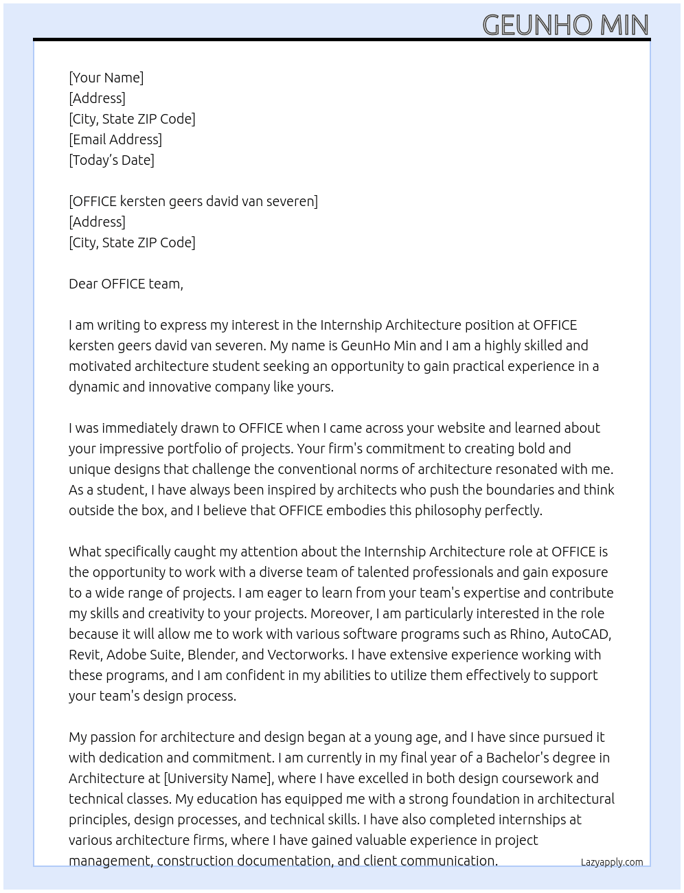 Internship Architecture At OFFICE kersten geers david van severen Cover Letter