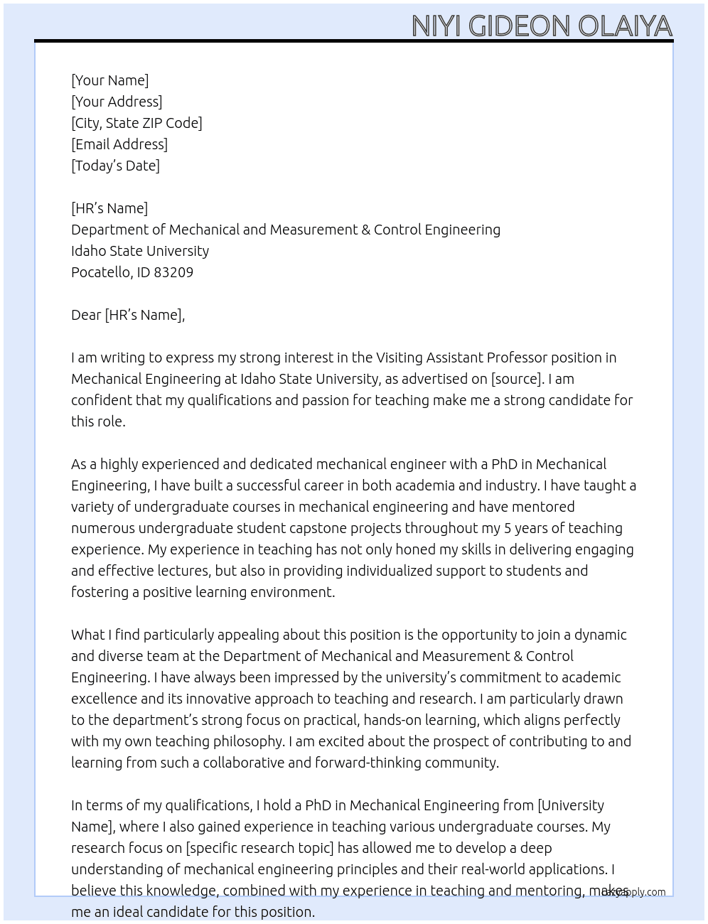 Cover letter for visiting assistant professor, mechanical engineering - LazyApply