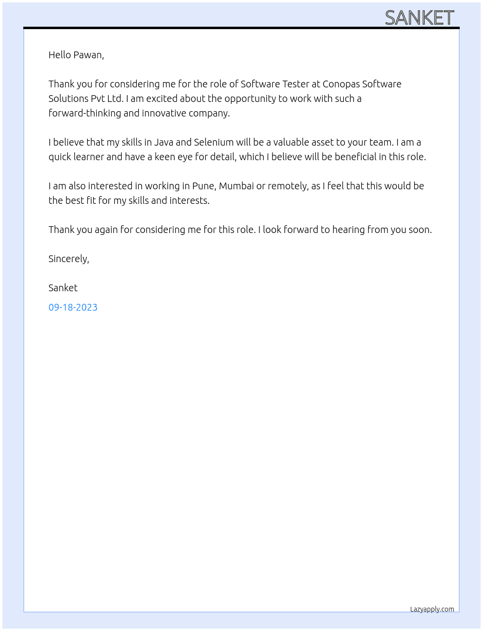 Software testing  At Conopas software solutions Pvt Ltd  Cover Letter