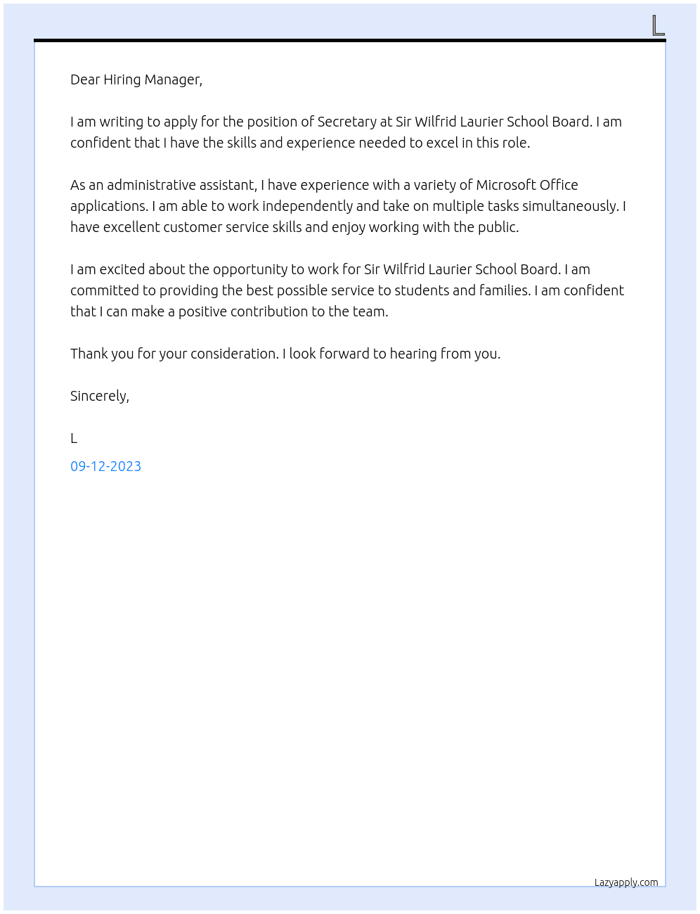 Secretary At Sir Wilfrid Laurier School Board Cover Letter