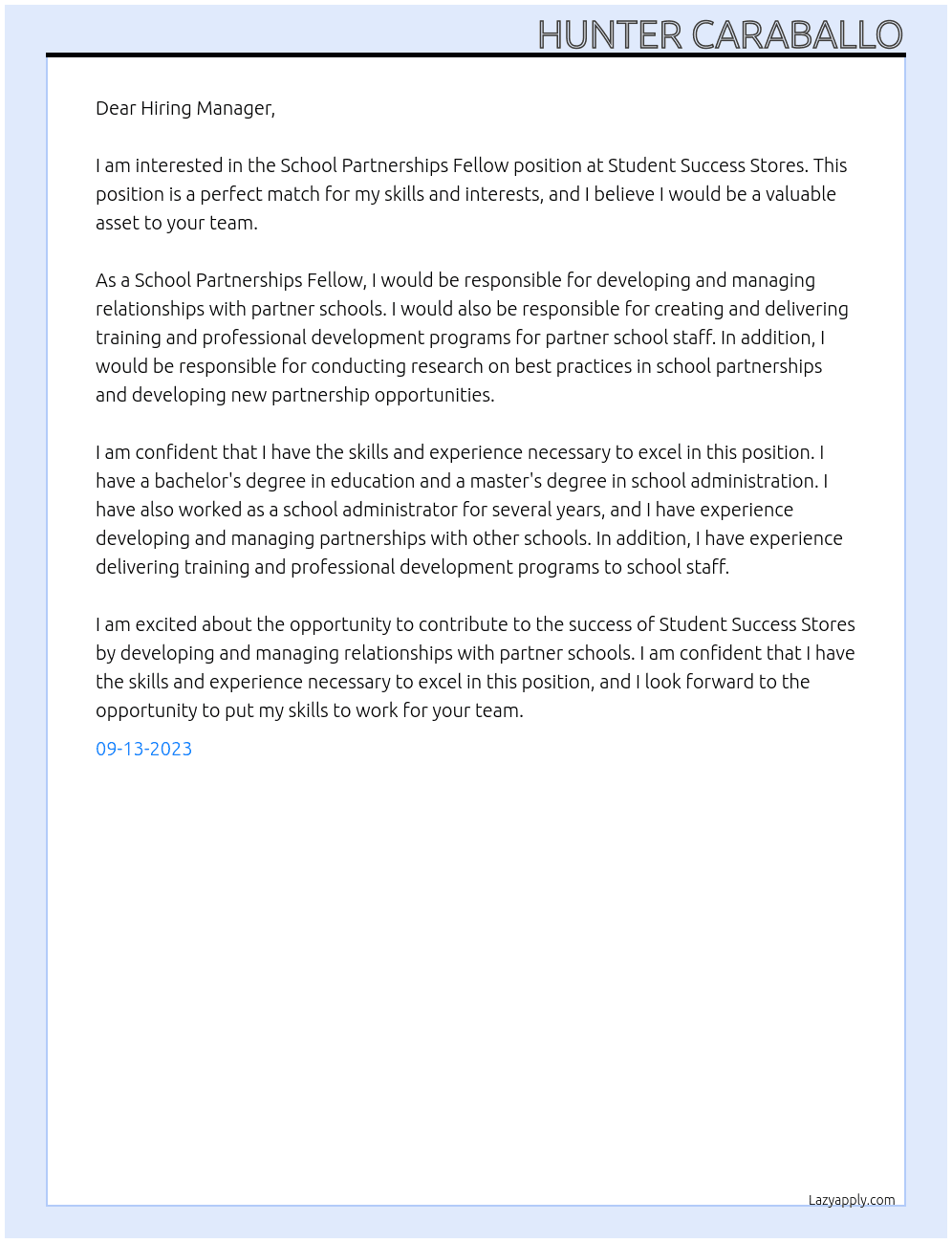 School Partnerships Fellow At Student Success Stores Cover Letter