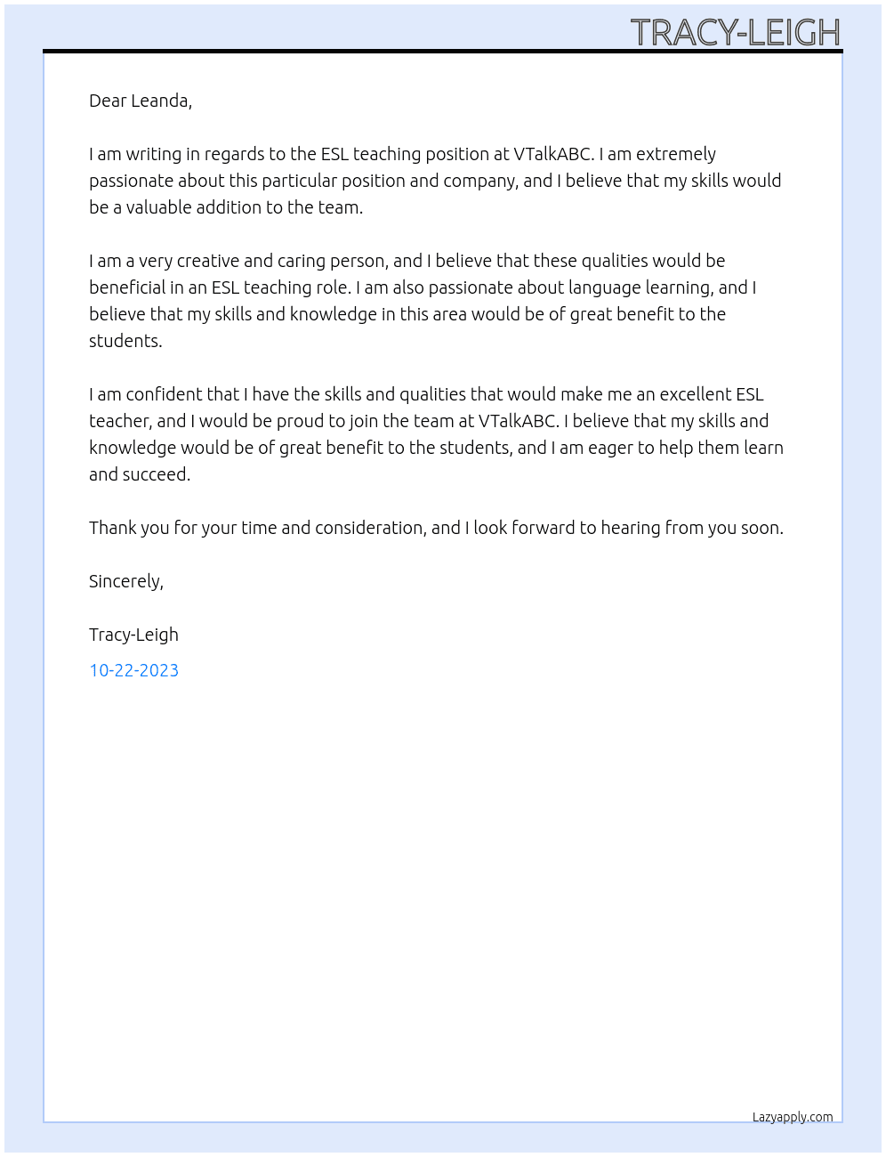 ESL teacher At VTalkABC Cover Letter