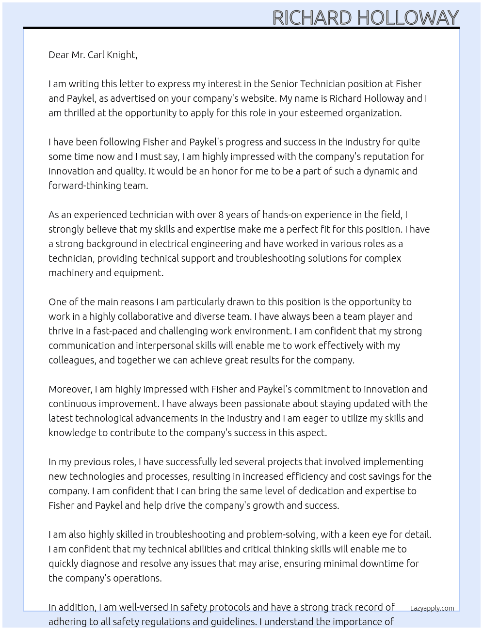 Senior technician  At Fisher and paykel Cover Letter