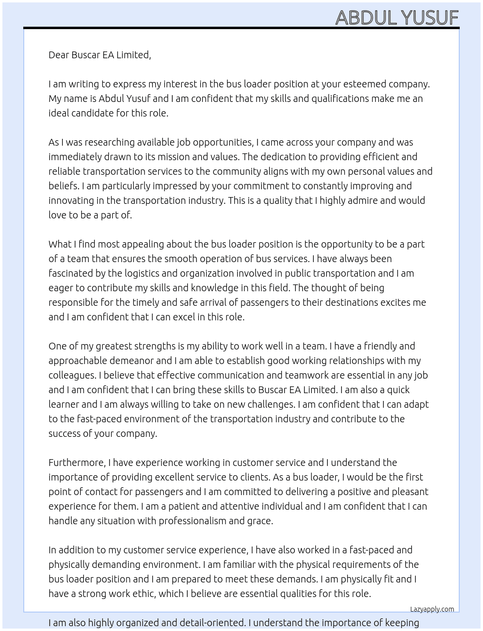 bus loader  At Abdul Yusuf Cover Letter