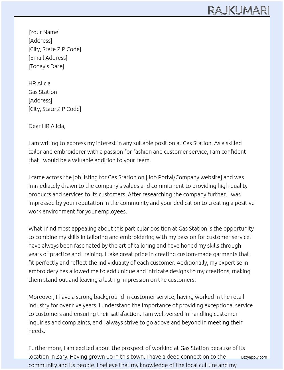 Any suitable post At Gas station Cover Letter