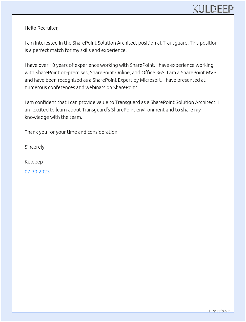 SharePoint Solution Architect At Transguard  Cover Letter