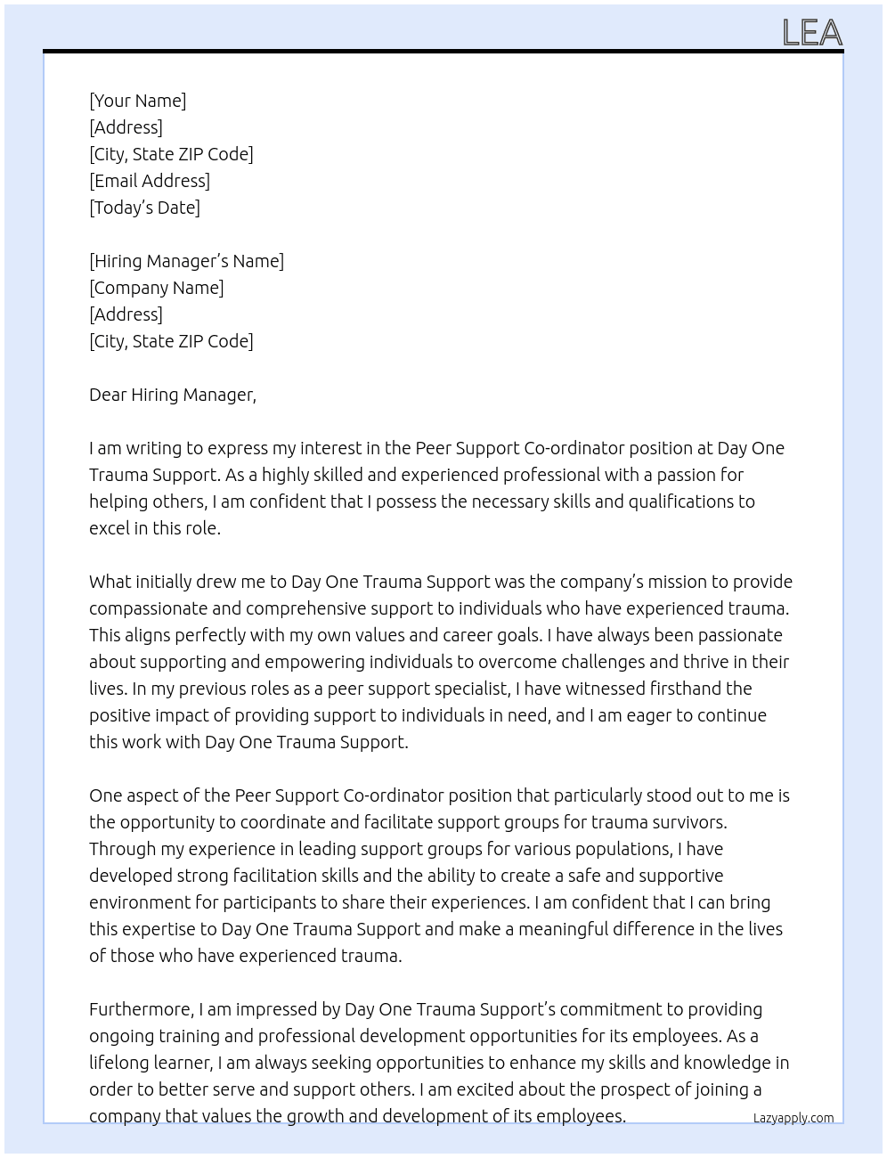Cover letter for peer support co-odinator - LazyApply