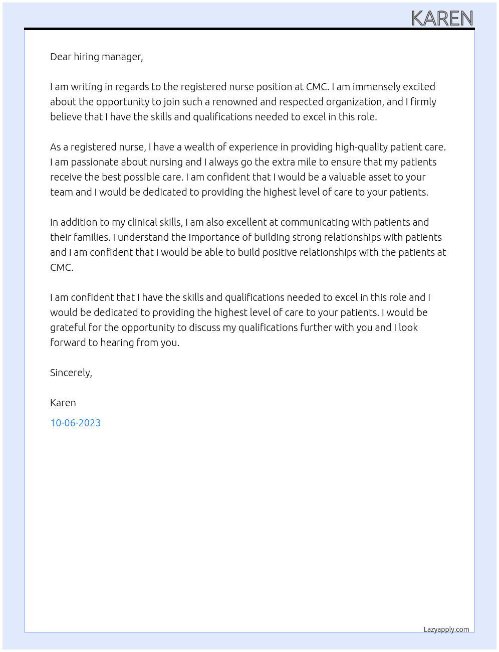 Registered nurse At Cmc Cover Letter