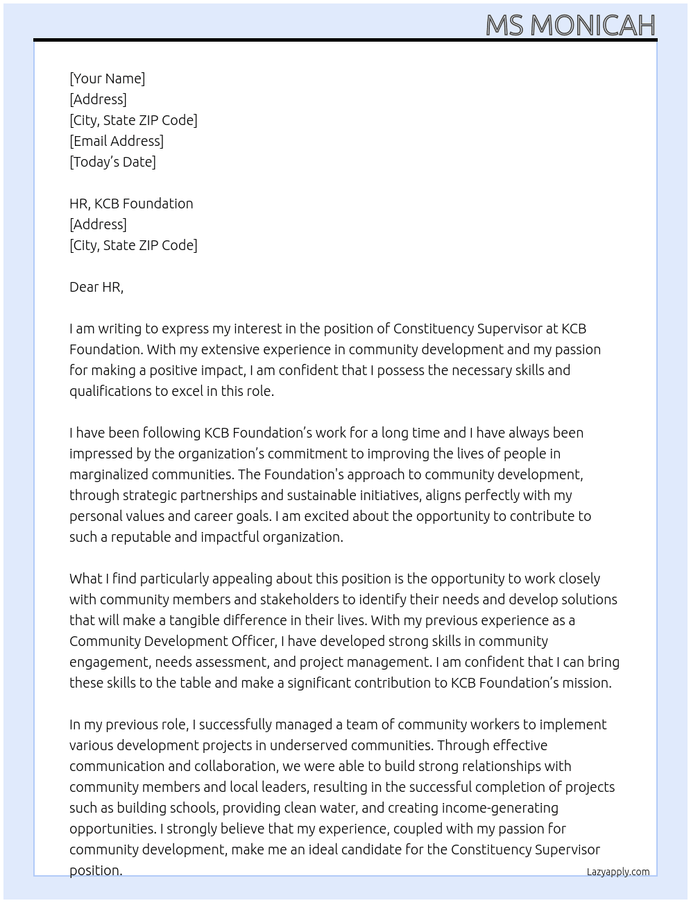 CONSTITUENCY SUPERVISOR At KCB FOUNDATION Cover Letter