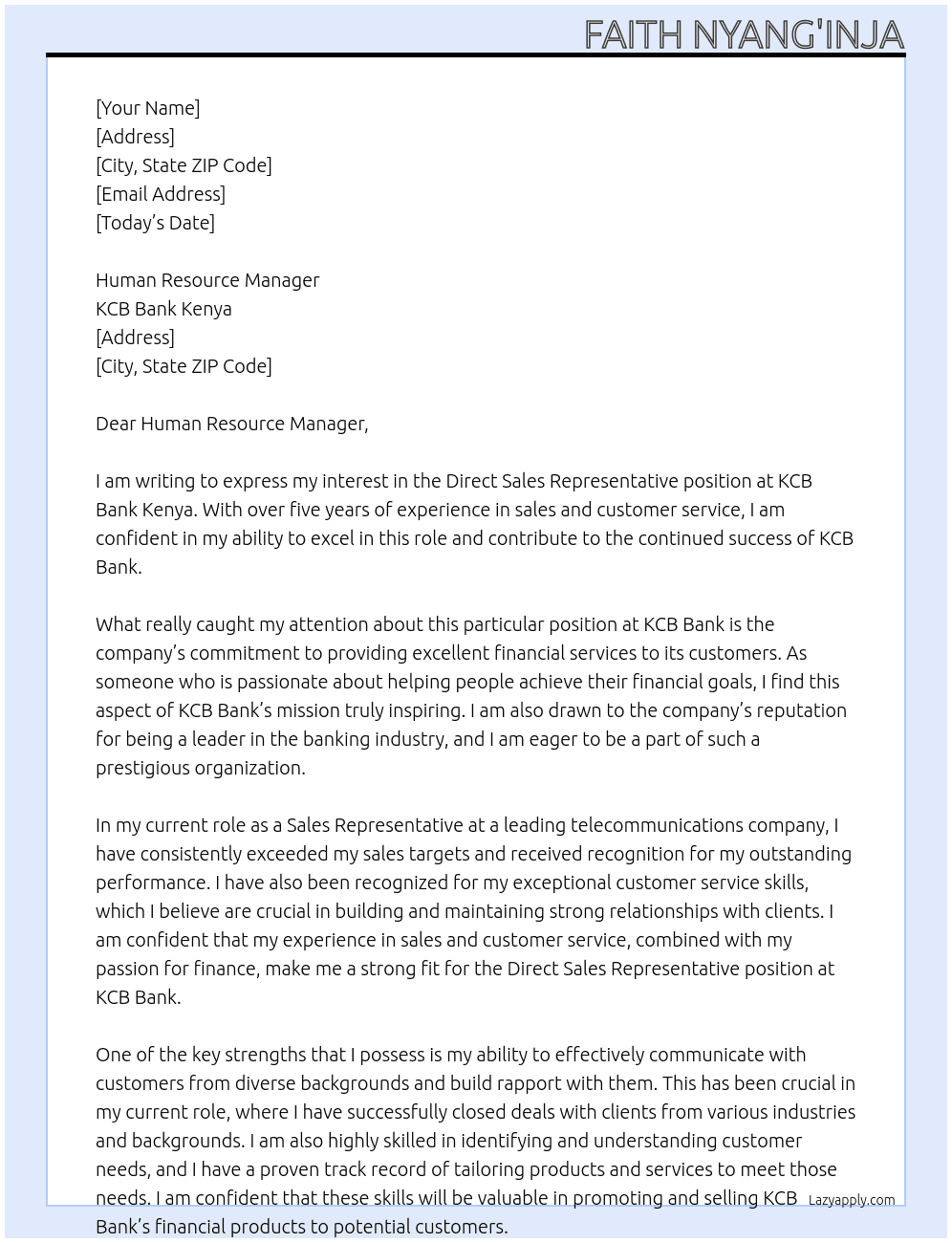 Direct Sales Representative At KCB Bank Kenya Cover Letter