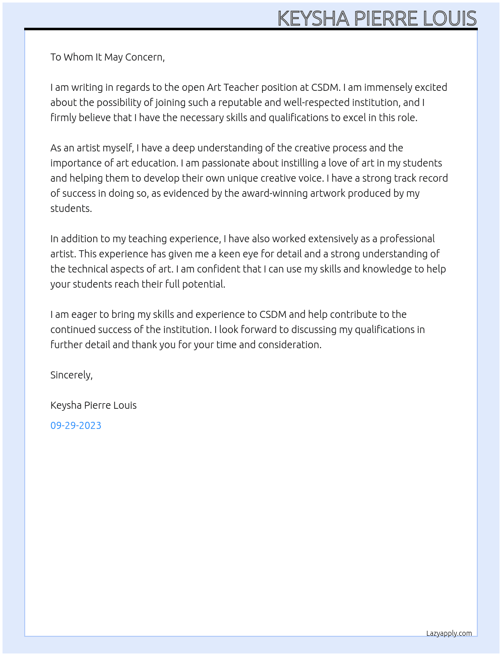ART TEACHER At CSDM Cover Letter