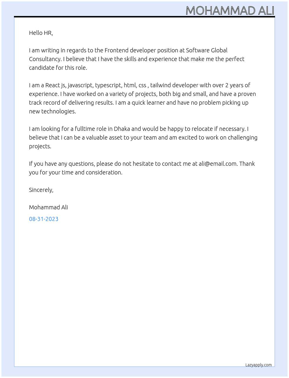 Frontend developer At Software Global Consultancy  Cover Letter