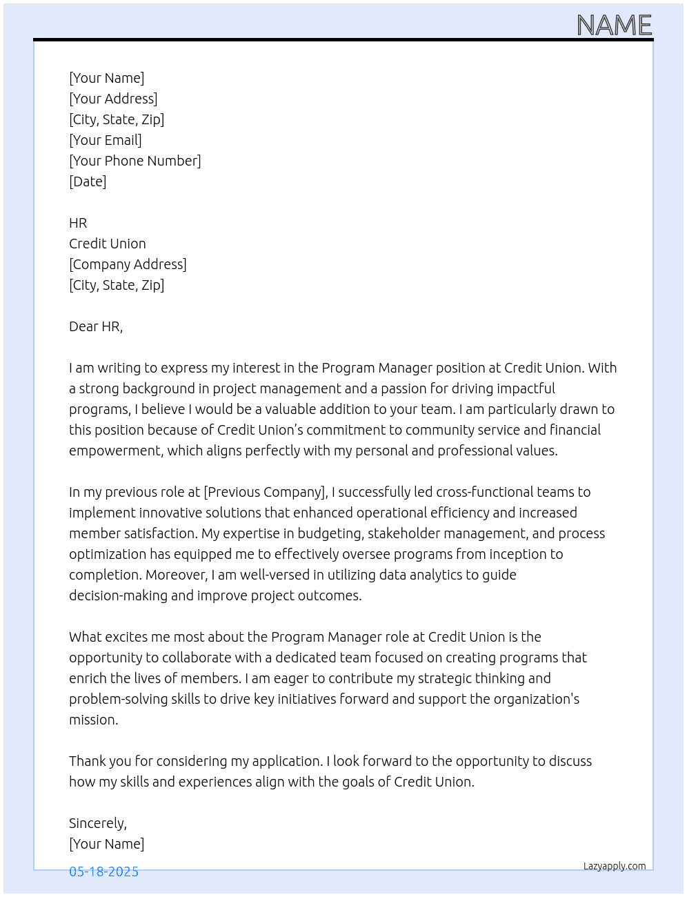 Program Manager  At Credit union Cover Letter