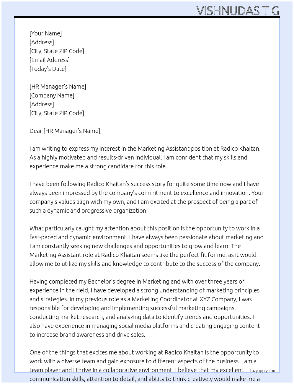 marketing assistant At Radico khaitan Cover Letter