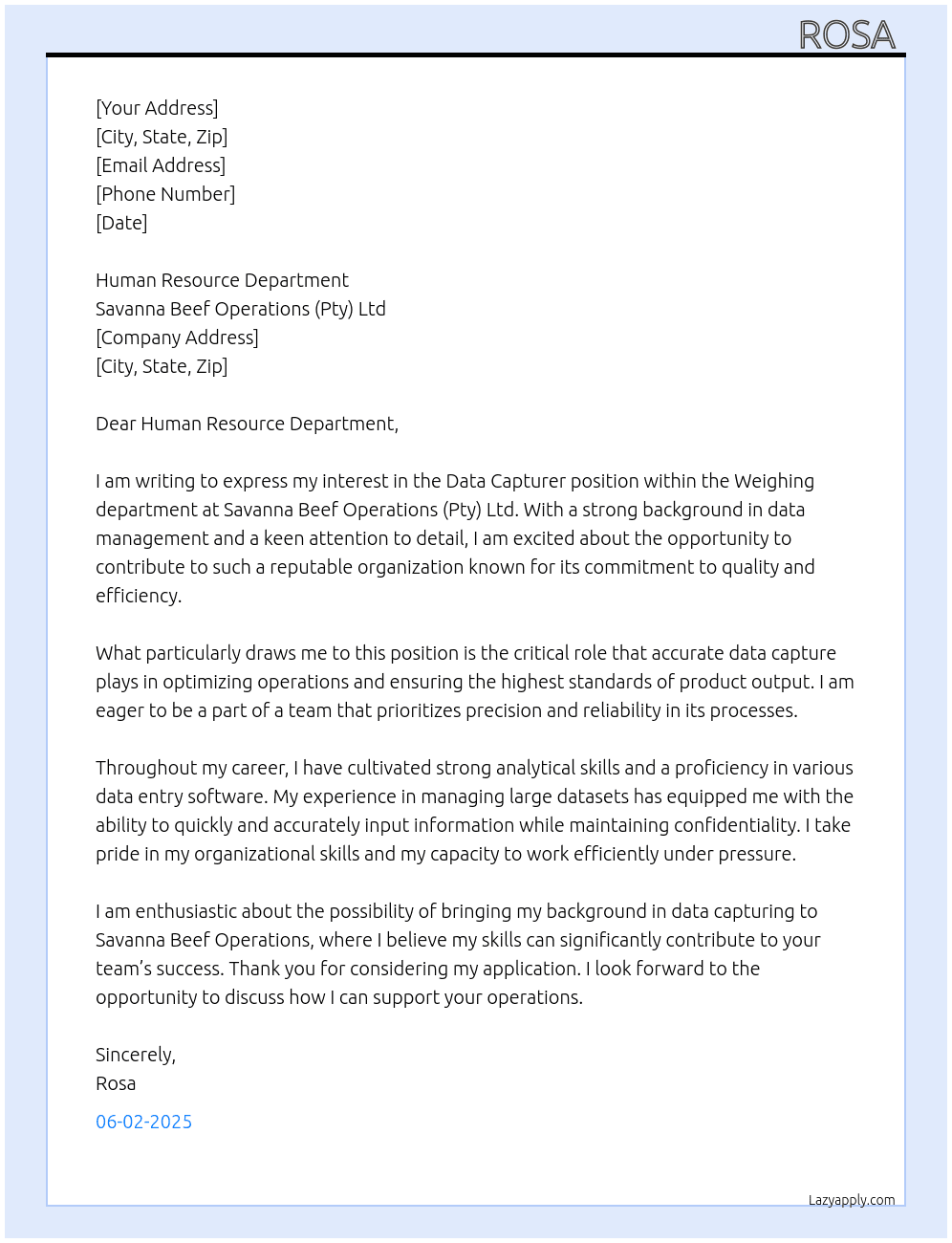 Cover letter for data capturer ,weighing - LazyApply