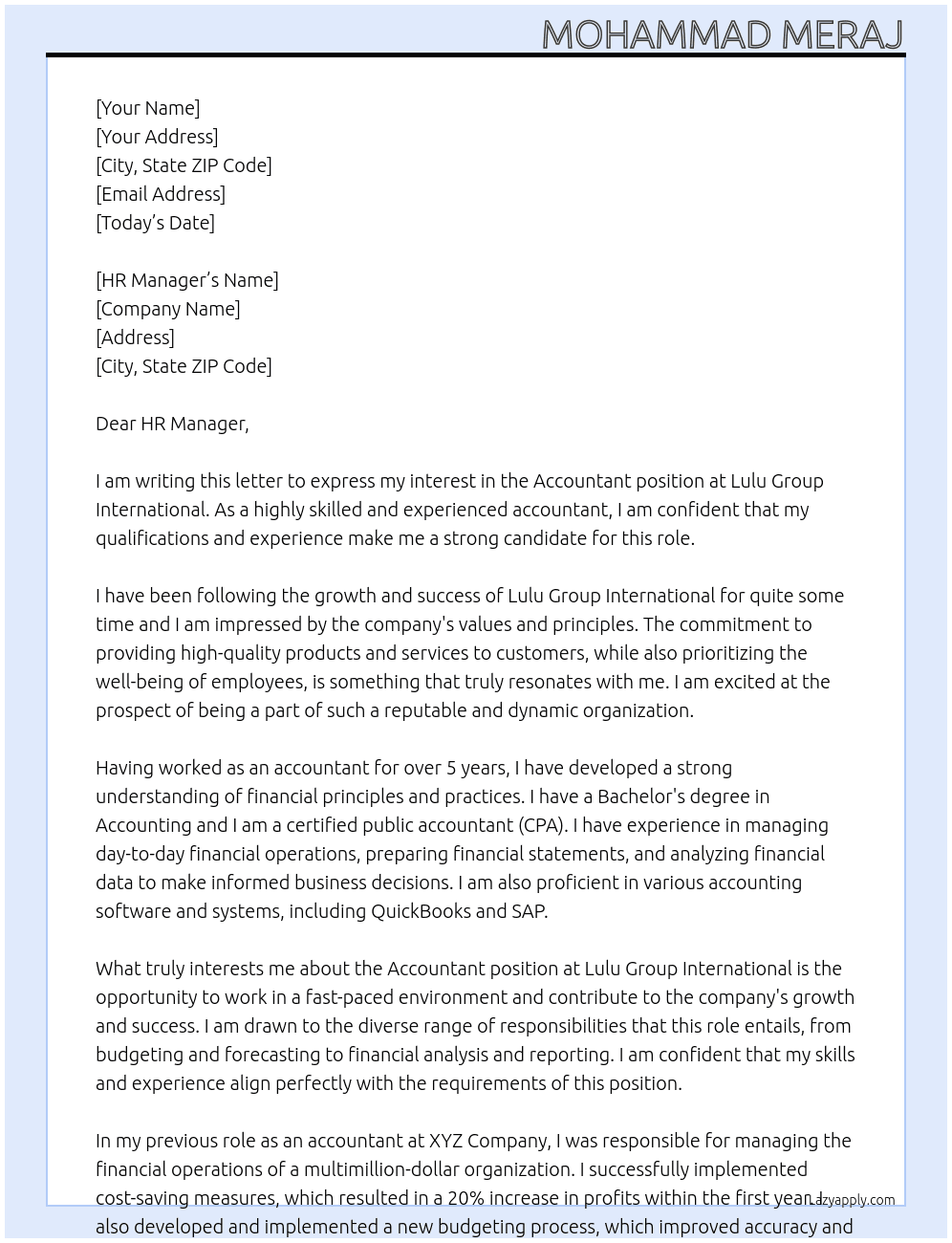 Accountant At Lulu Group International Cover Letter