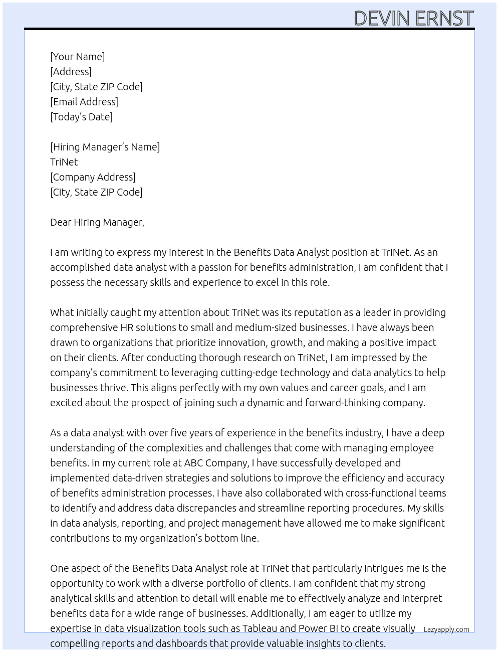 Benefits Data Analyst At TriNet Cover Letter
