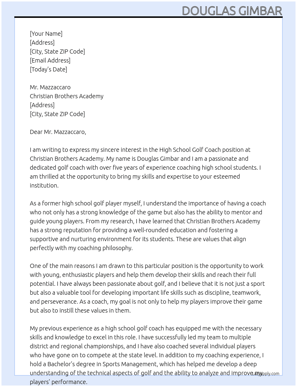 High School Golf Coach At Christian Brothers Academy Cover Letter
